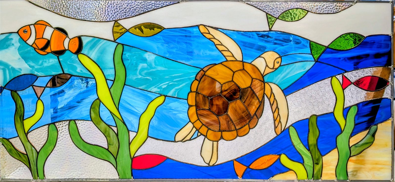 Vitrail tortue et poissons